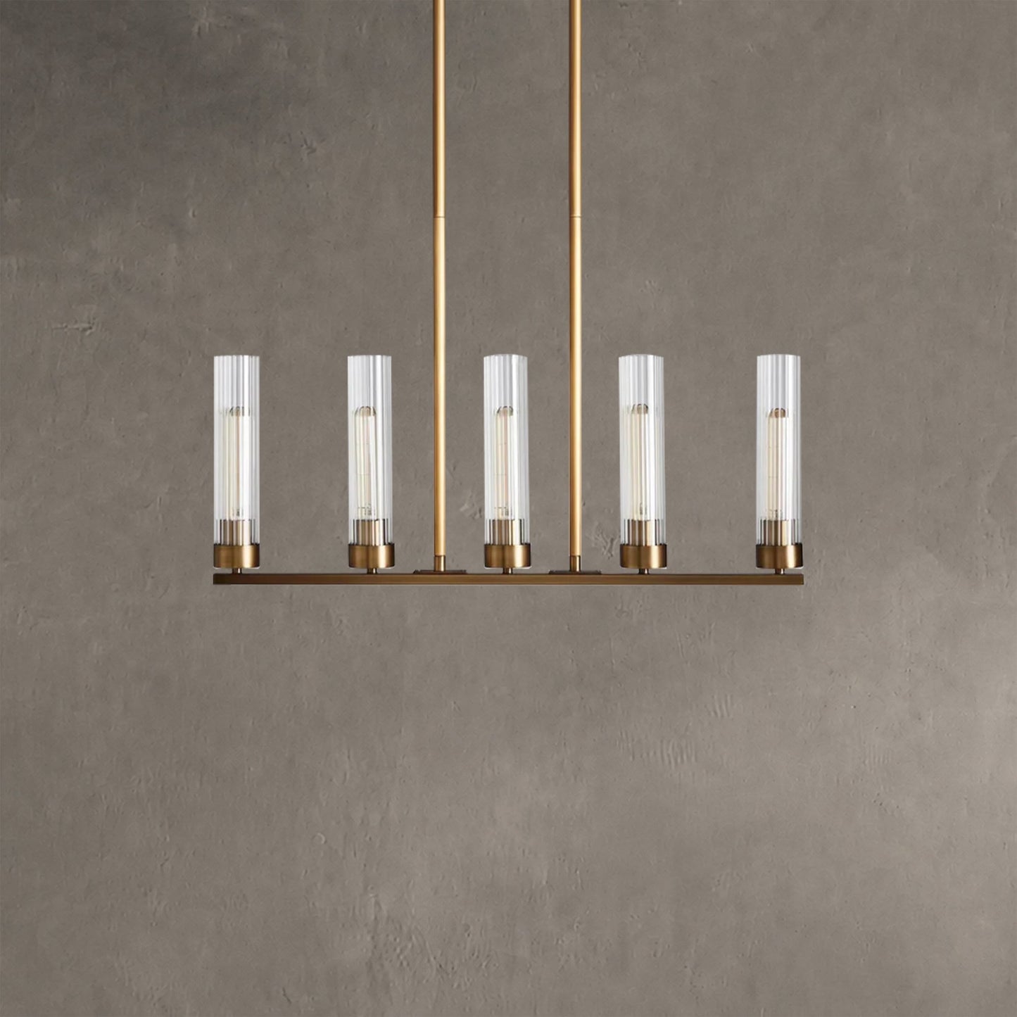 Linear Chandelier Art Deco with Fluted Glass Shades and Adjustable Drop