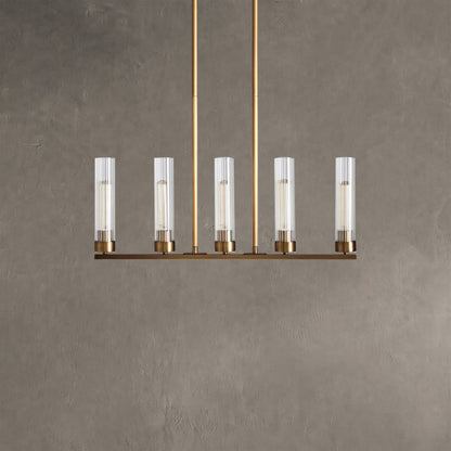 Linear Chandelier Art Deco with Fluted Glass Shades and Adjustable Drop