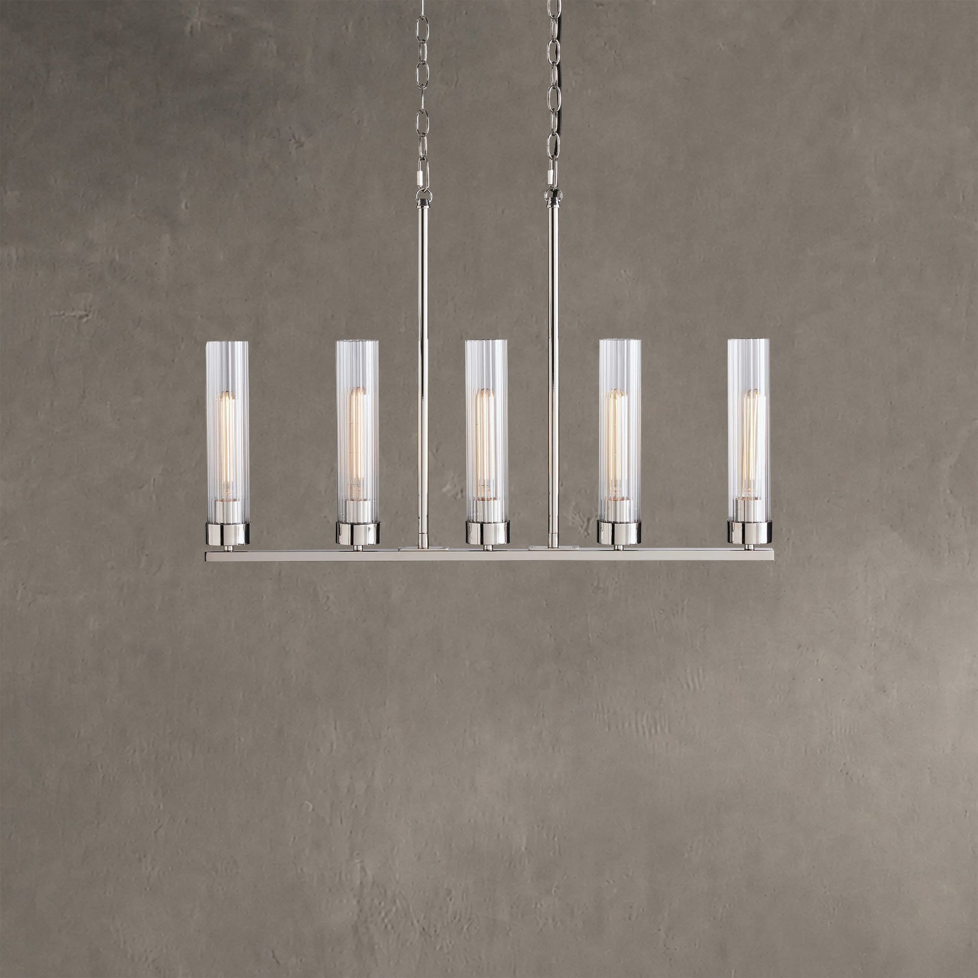 Linear Chandelier Art Deco with Fluted Glass Shades and Adjustable Drop