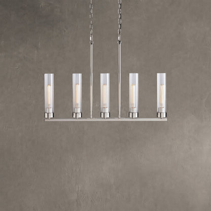 Linear Chandelier Art Deco with Fluted Glass Shades and Adjustable Drop