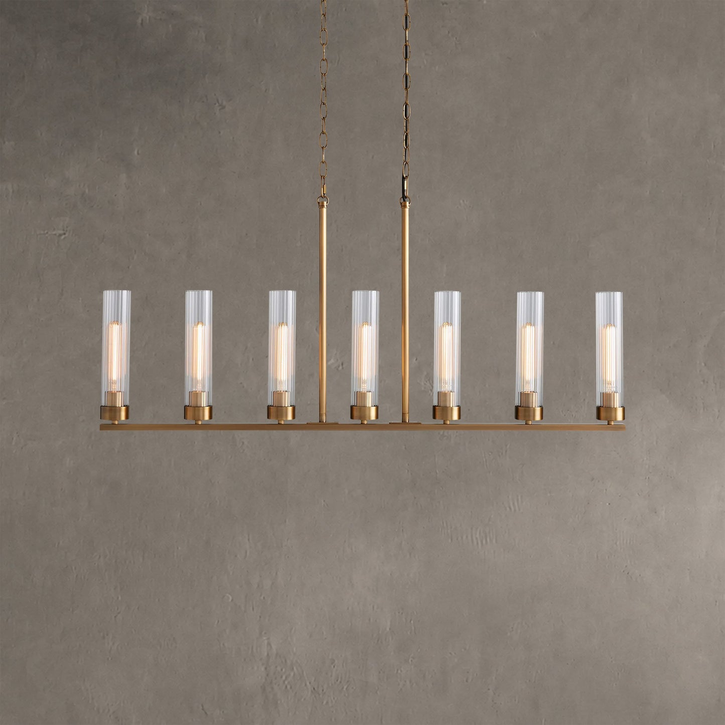 Linear Chandelier Art Deco with Fluted Glass Shades and Adjustable Drop