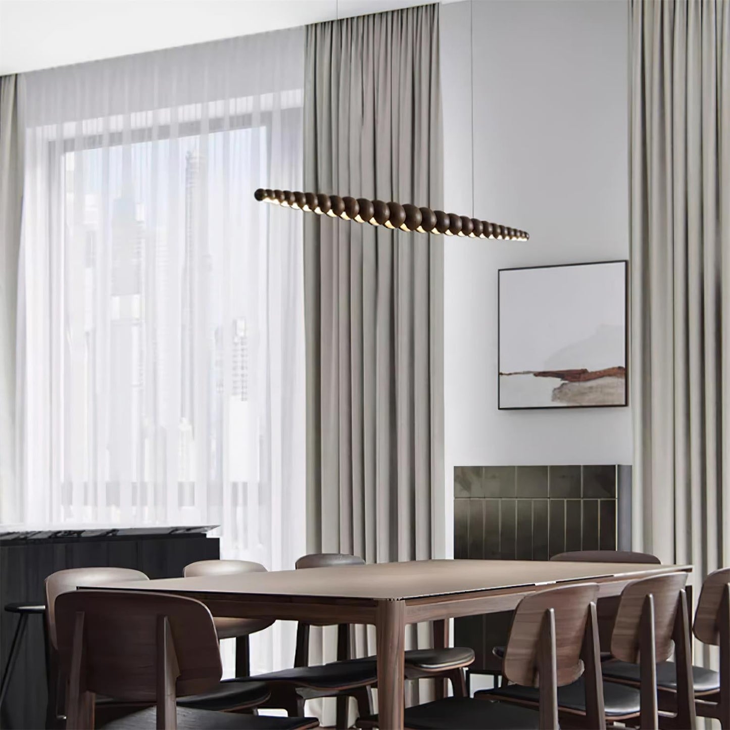 Linear Pendant Lamp Bohemian with Wood Bead Bar and Integrated LED