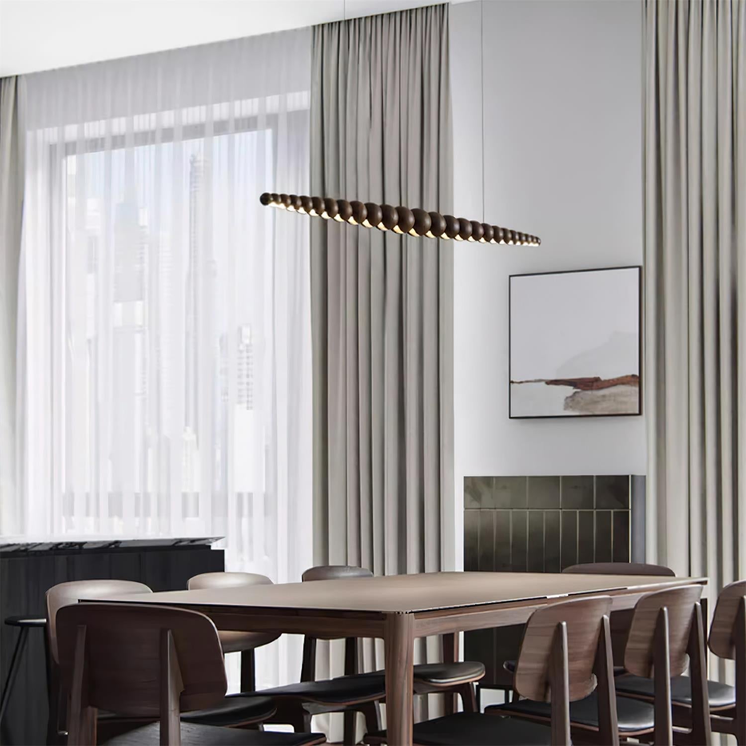 Linear Pendant Lamp Bohemian with Wood Bead Bar and Integrated LED