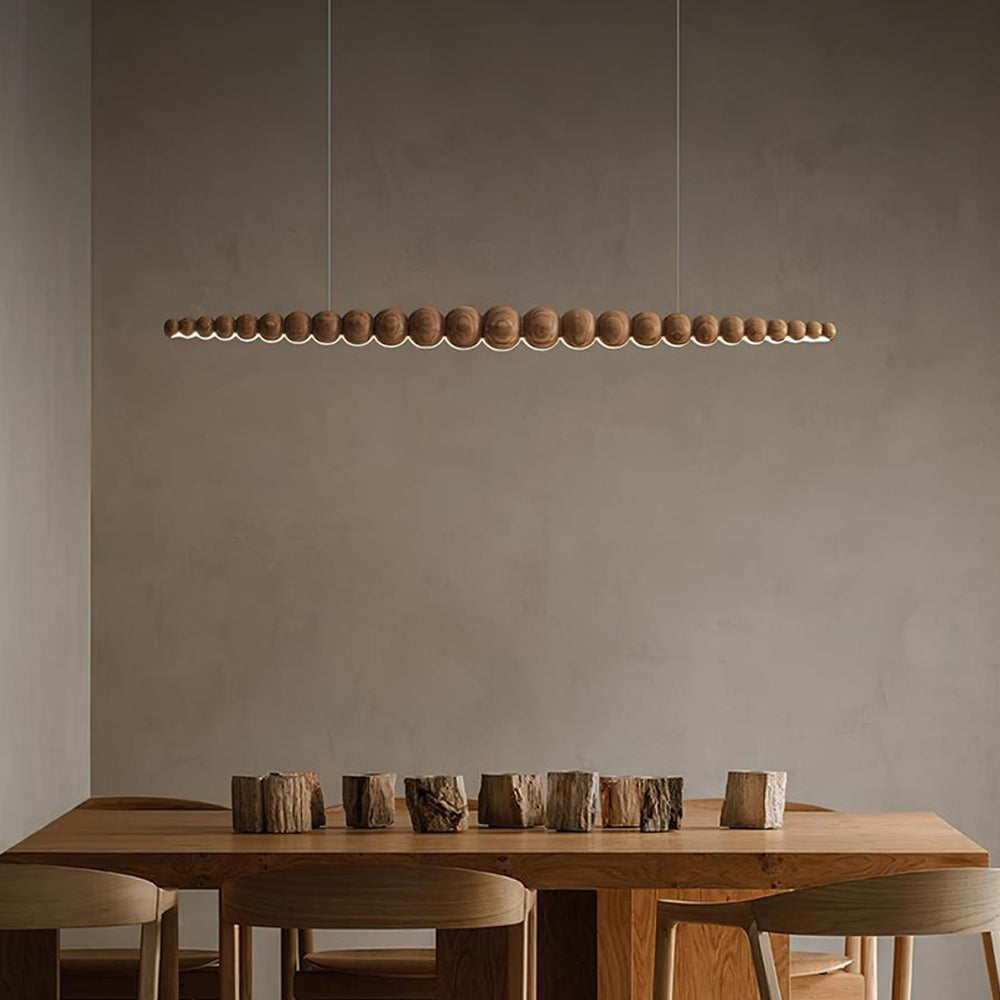 Linear Pendant Lamp Bohemian with Wood Bead Bar and Integrated LED