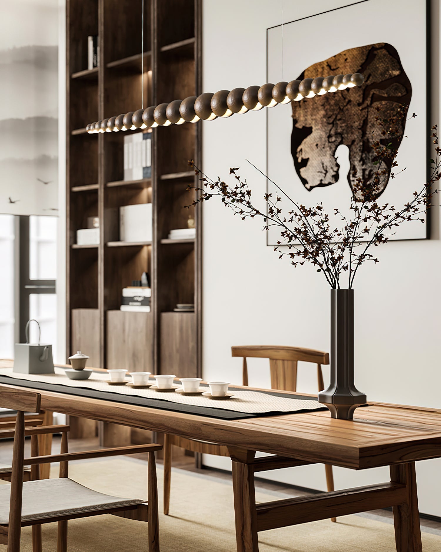 Linear Pendant Lamp Bohemian with Wood Bead Bar and Integrated LED