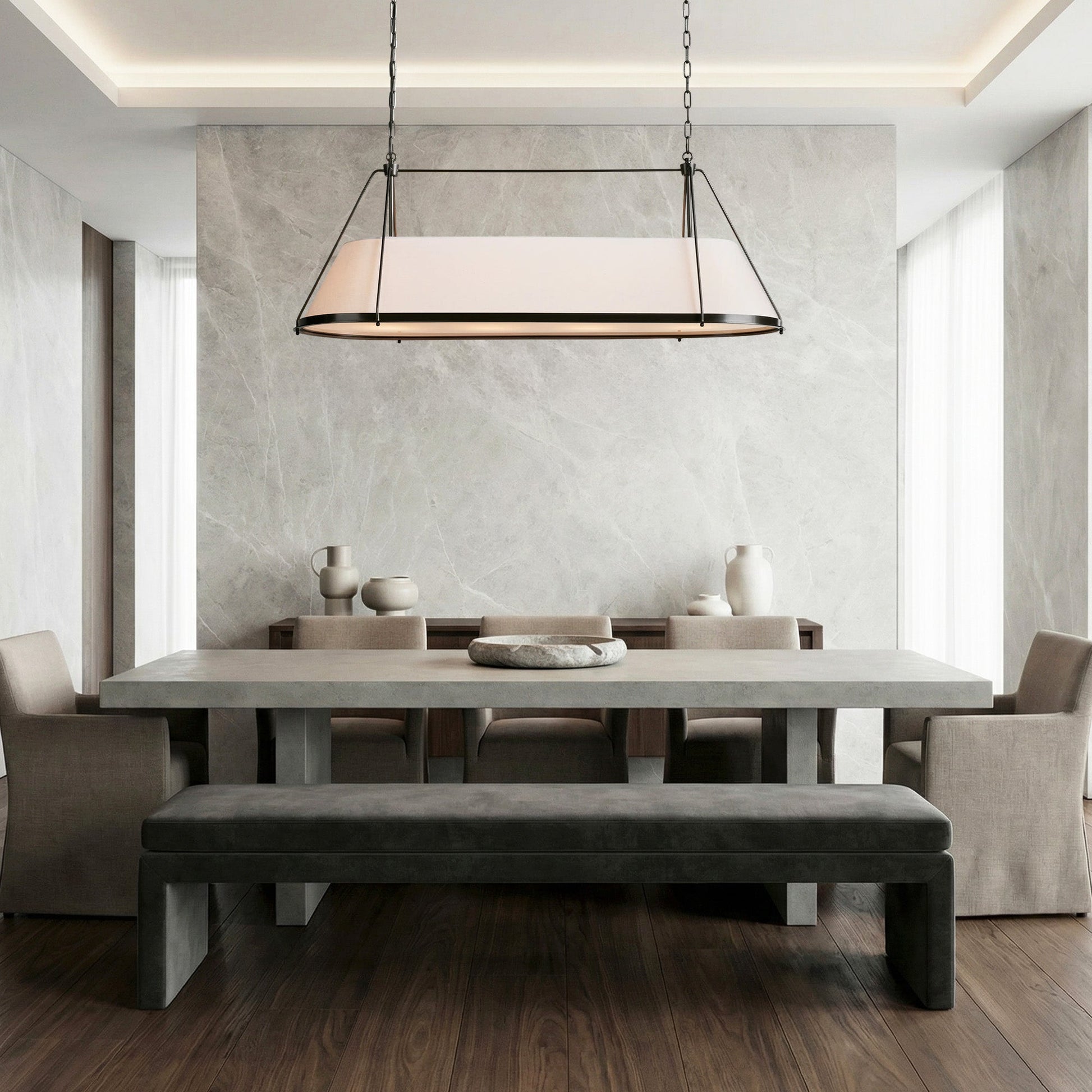 Linear Pendant Lamp Modern with Fabric Shade and Chain Suspension