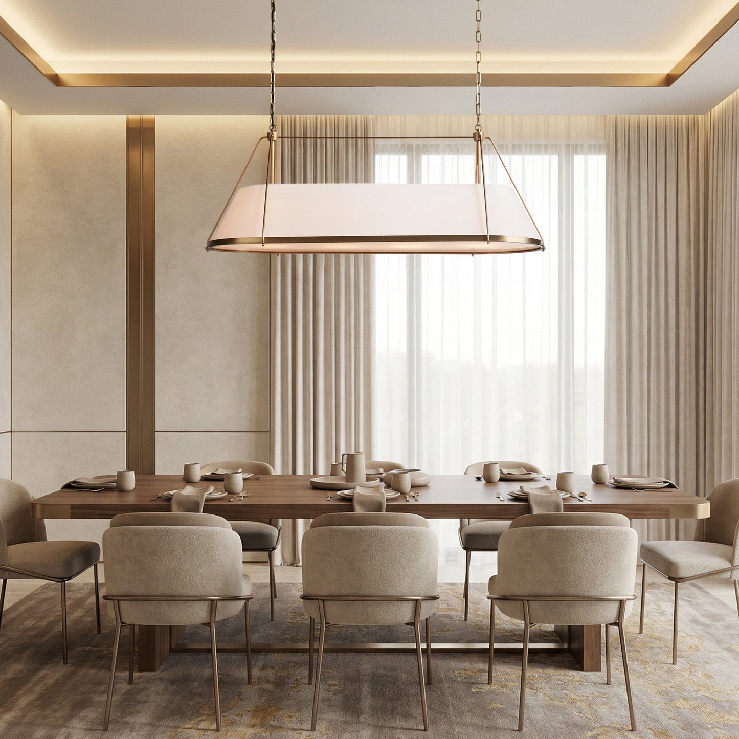 Linear Pendant Lamp Modern with Fabric Shade and Chain Suspension
