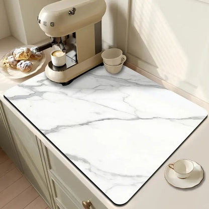 Marble Print Dish Drying Mat with Non-Slip Rubber Base and Absorbent Surface