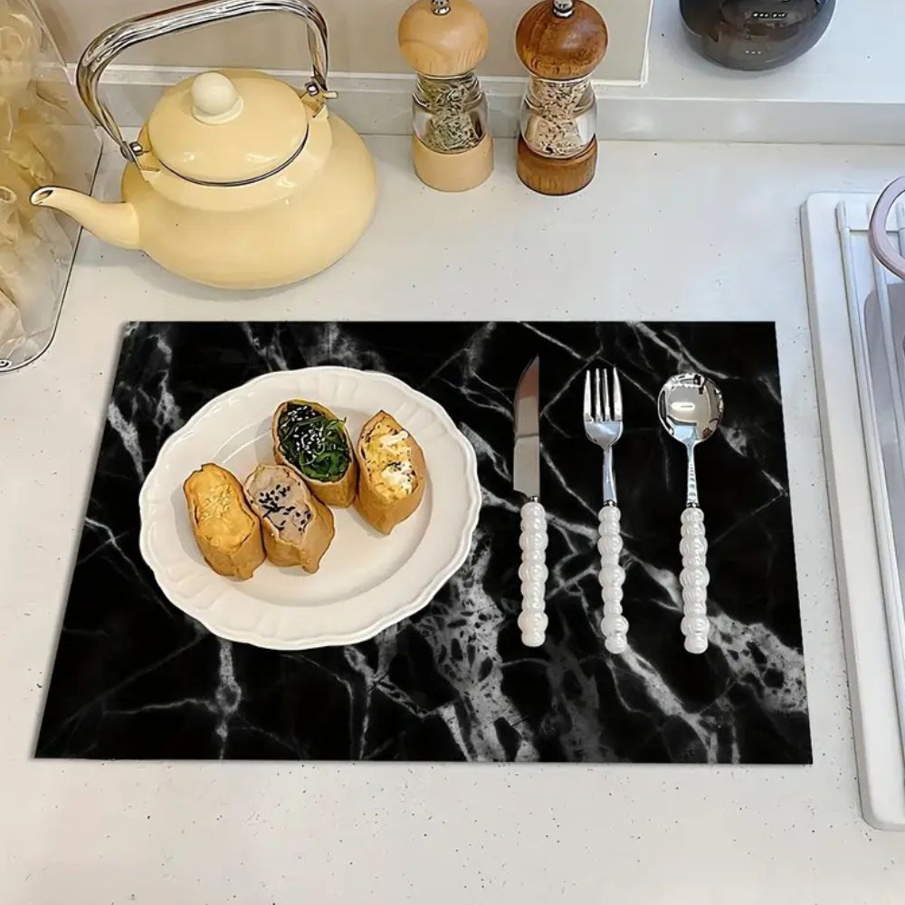 Marble Print Dish Drying Mat with Non-Slip Rubber Base and Absorbent Surface