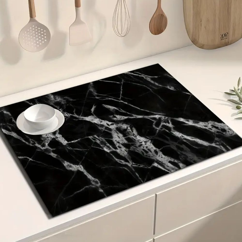 Marble Print Dish Drying Mat with Non-Slip Rubber Base and Absorbent Surface