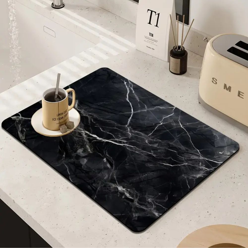 Marble Print Dish Drying Mat with Non-Slip Rubber Base and Absorbent Surface