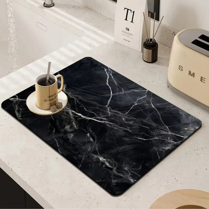 Marble Print Dish Drying Mat with Non-Slip Rubber Base and Absorbent Surface