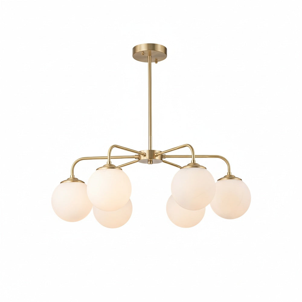 Mid-Century Chandelier with 6 Frosted Glass Globes and Brass Finish