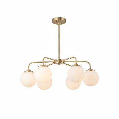 Mid-Century Chandelier with 6 Frosted Glass Globes and Brass Finish