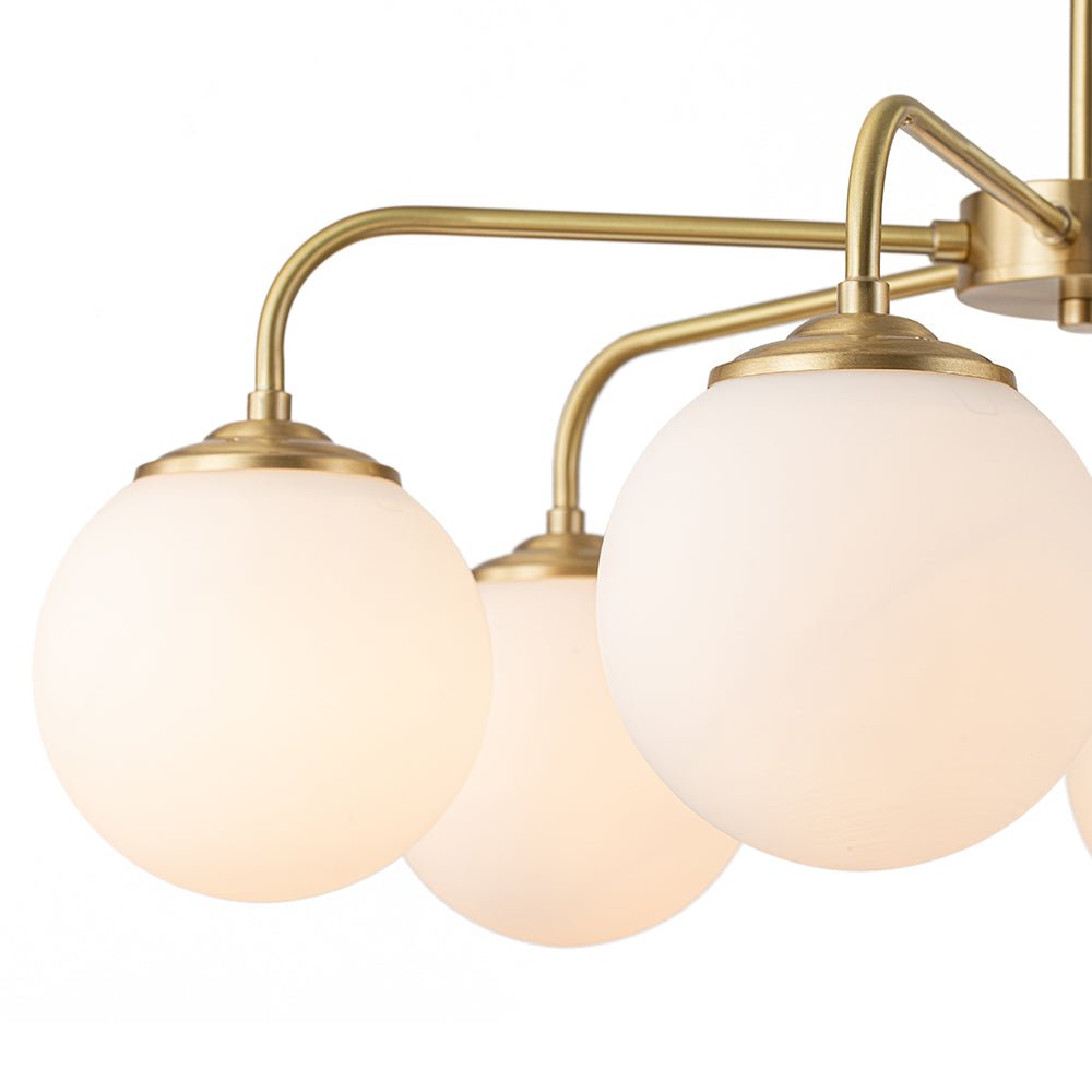 Mid-Century Chandelier with 6 Frosted Glass Globes and Brass Finish