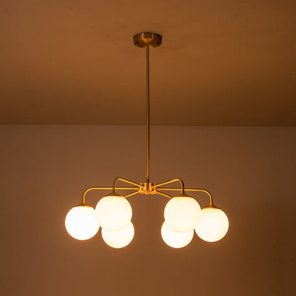 Mid-Century Chandelier with 6 Frosted Glass Globes and Brass Finish