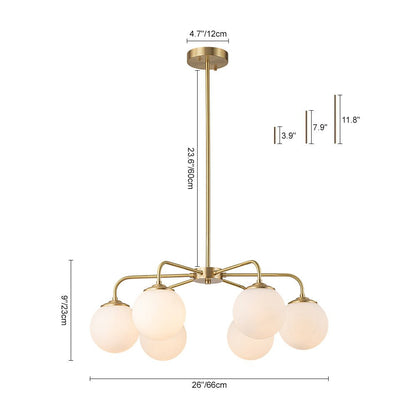 Mid-Century Chandelier with 6 Frosted Glass Globes and Brass Finish