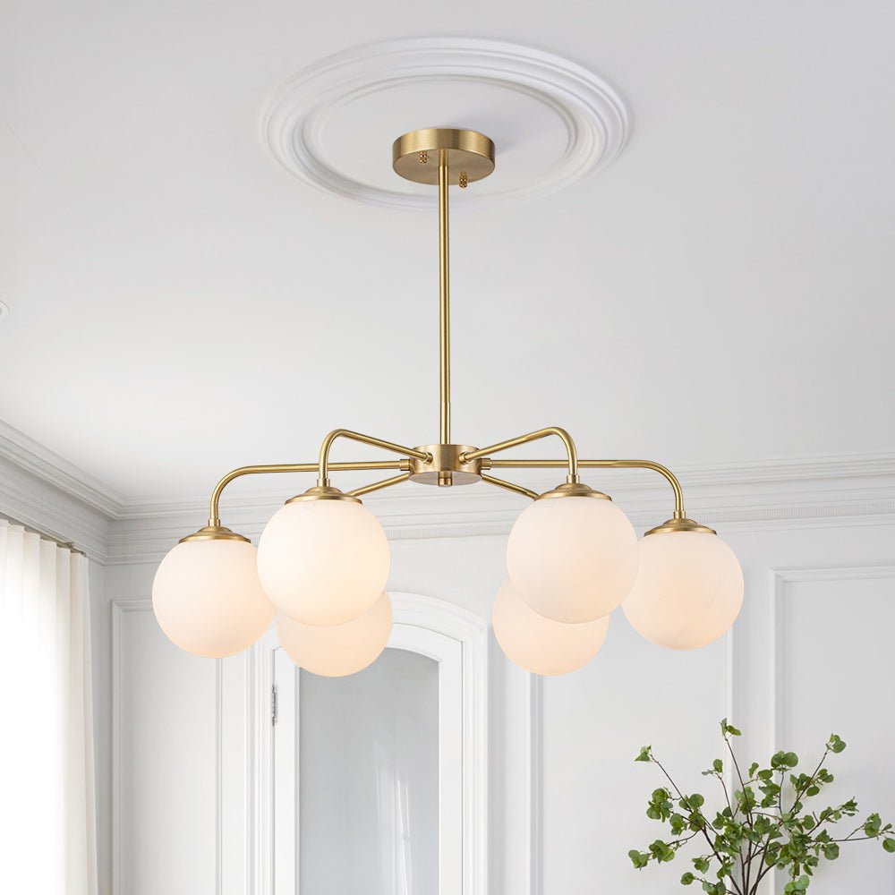 Mid-Century Chandelier with 6 Frosted Glass Globes and Brass Finish