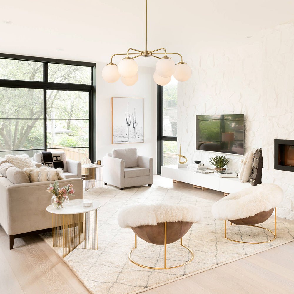 Mid-Century Chandelier with 6 Frosted Glass Globes and Brass Finish
