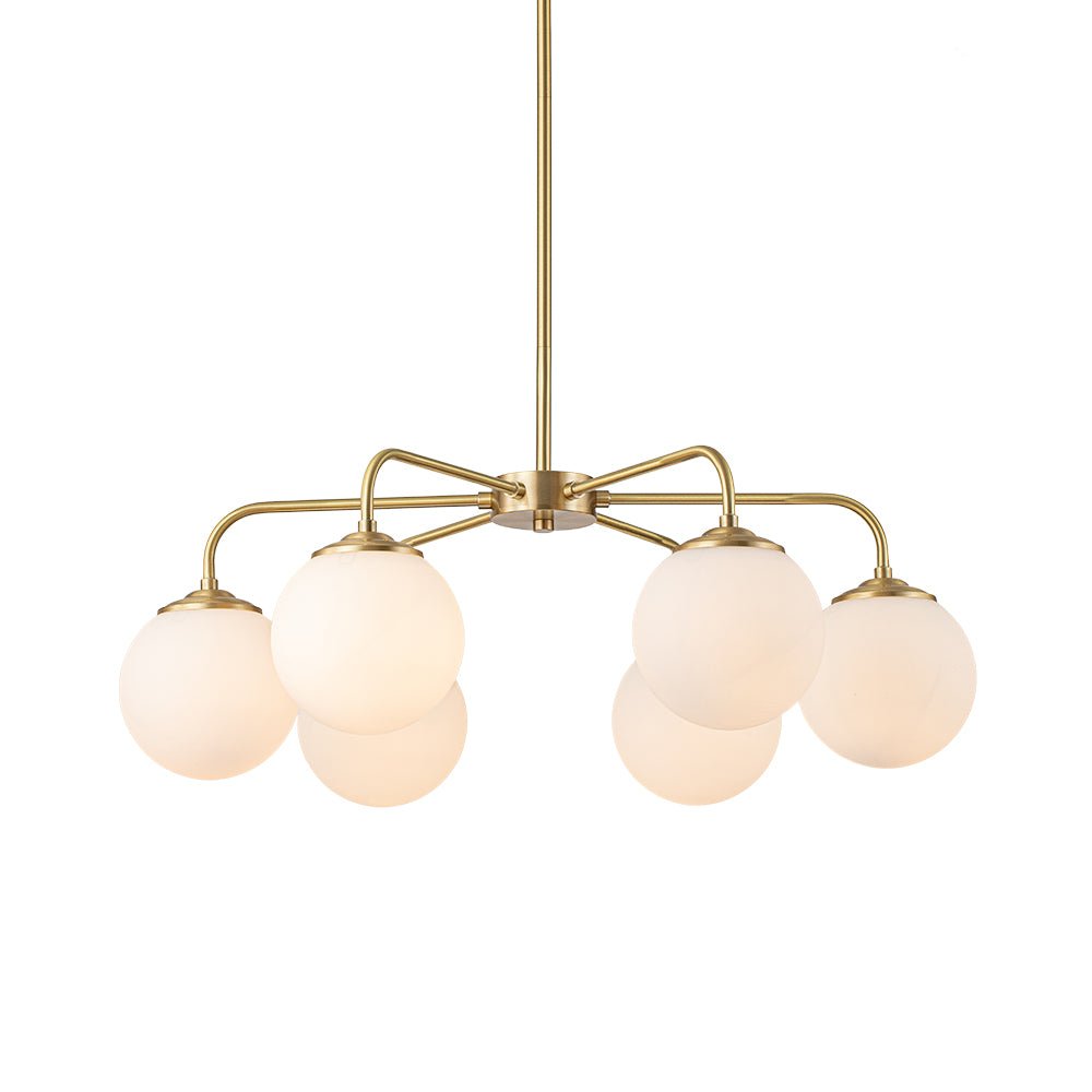 Mid-Century Chandelier with 6 Frosted Glass Globes and Brass Finish