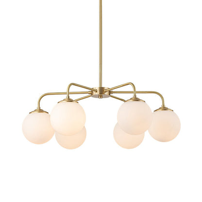 Mid-Century Chandelier with 6 Frosted Glass Globes and Brass Finish
