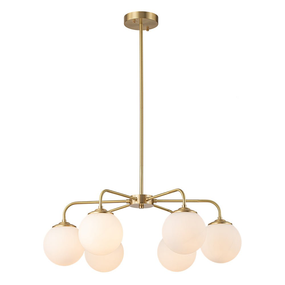 Mid-Century Chandelier with 6 Frosted Glass Globes and Brass Finish