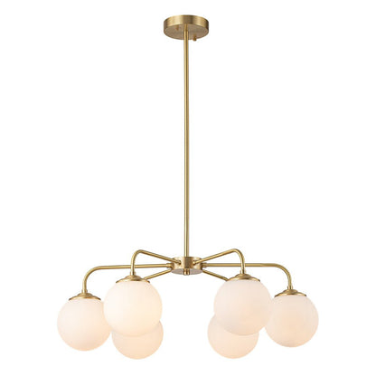 Mid-Century Chandelier with 6 Frosted Glass Globes and Brass Finish