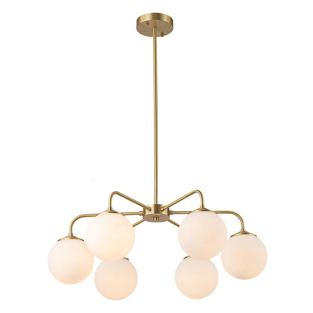 Mid-Century Chandelier with 6 Frosted Glass Globes and Brass Finish