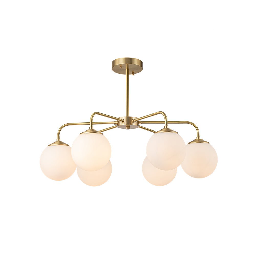 Mid-Century Chandelier with 6 Frosted Glass Globes and Brass Finish