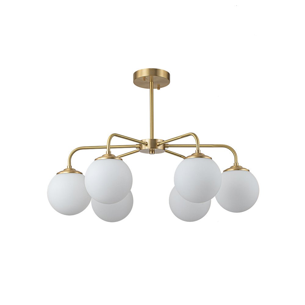 Mid-Century Chandelier with 6 Frosted Glass Globes and Brass Finish
