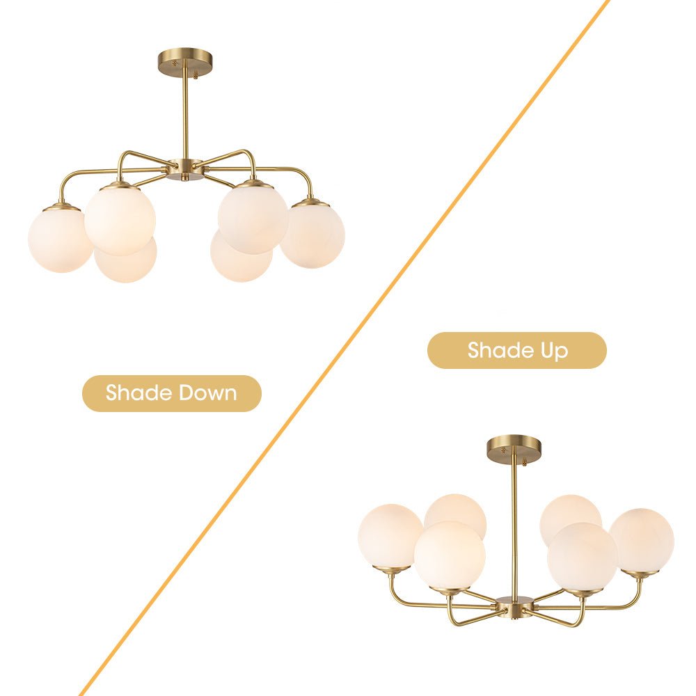 Mid-Century Chandelier with 6 Frosted Glass Globes and Brass Finish