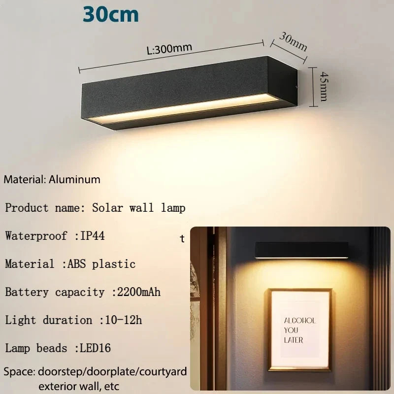 Minimalist Solar Outdoor Wall Lamp with 16 LEDs and Slim Rectangular Body