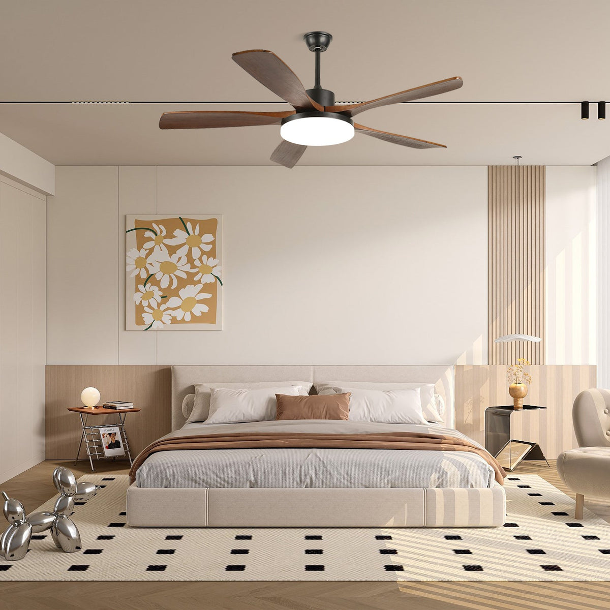 Modern Ceiling Fan with Light and Wood Grain Blades