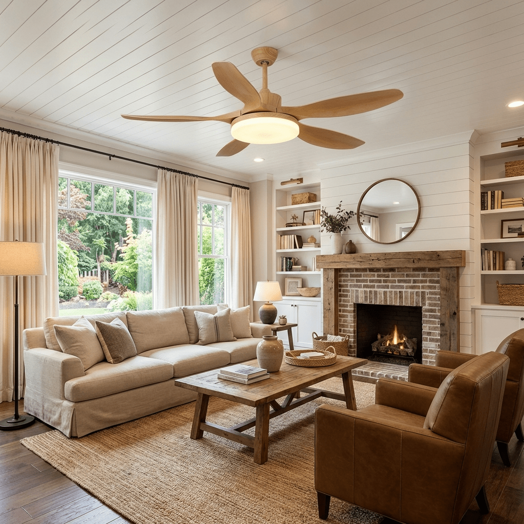 Modern Ceiling Fan with Light and Wood Grain Blades