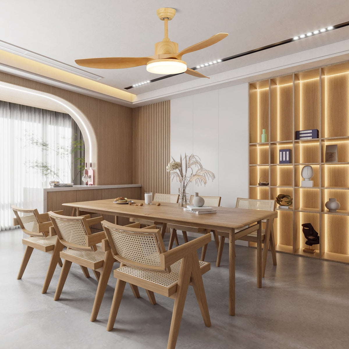 Modern Ceiling Fan with Light and Wood Grain Blades