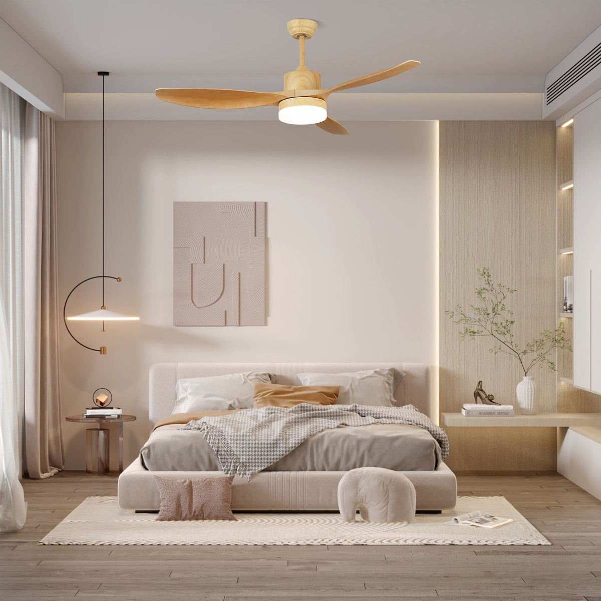 Modern Ceiling Fan with Light and Wood Grain Blades