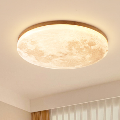 Moon Ceiling Light Scandinavian with Lunar Surface Design and Wood Frame