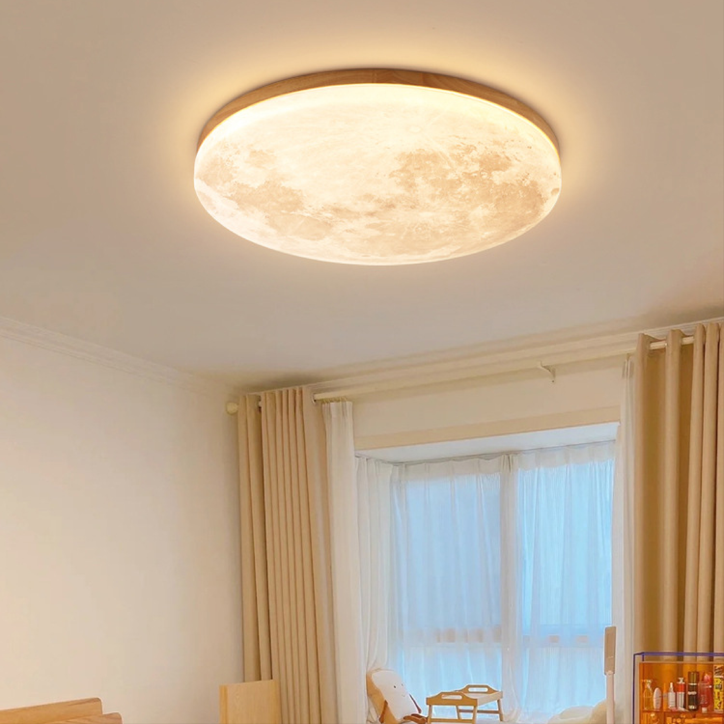 Moon Ceiling Light Scandinavian with Lunar Surface Design and Wood Frame