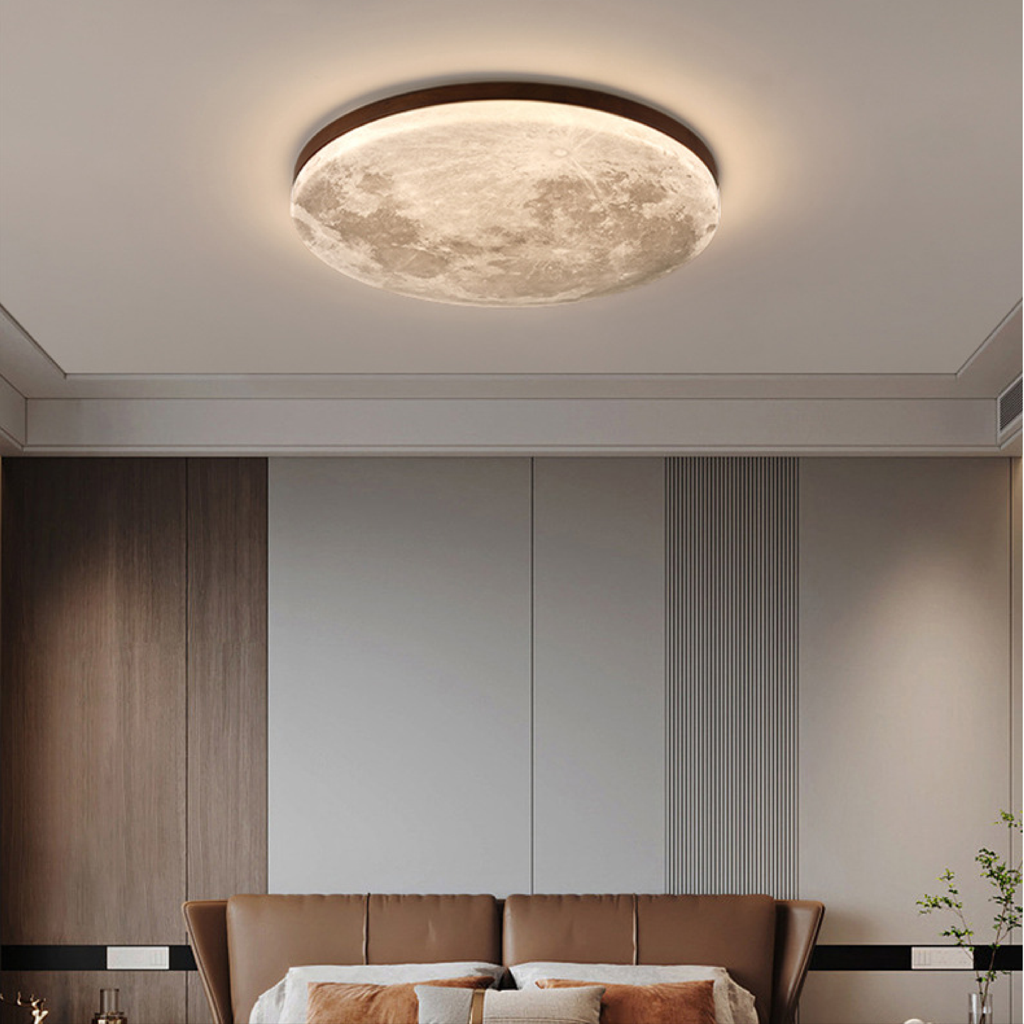 Moon Ceiling Light Scandinavian with Lunar Surface Design and Wood Frame