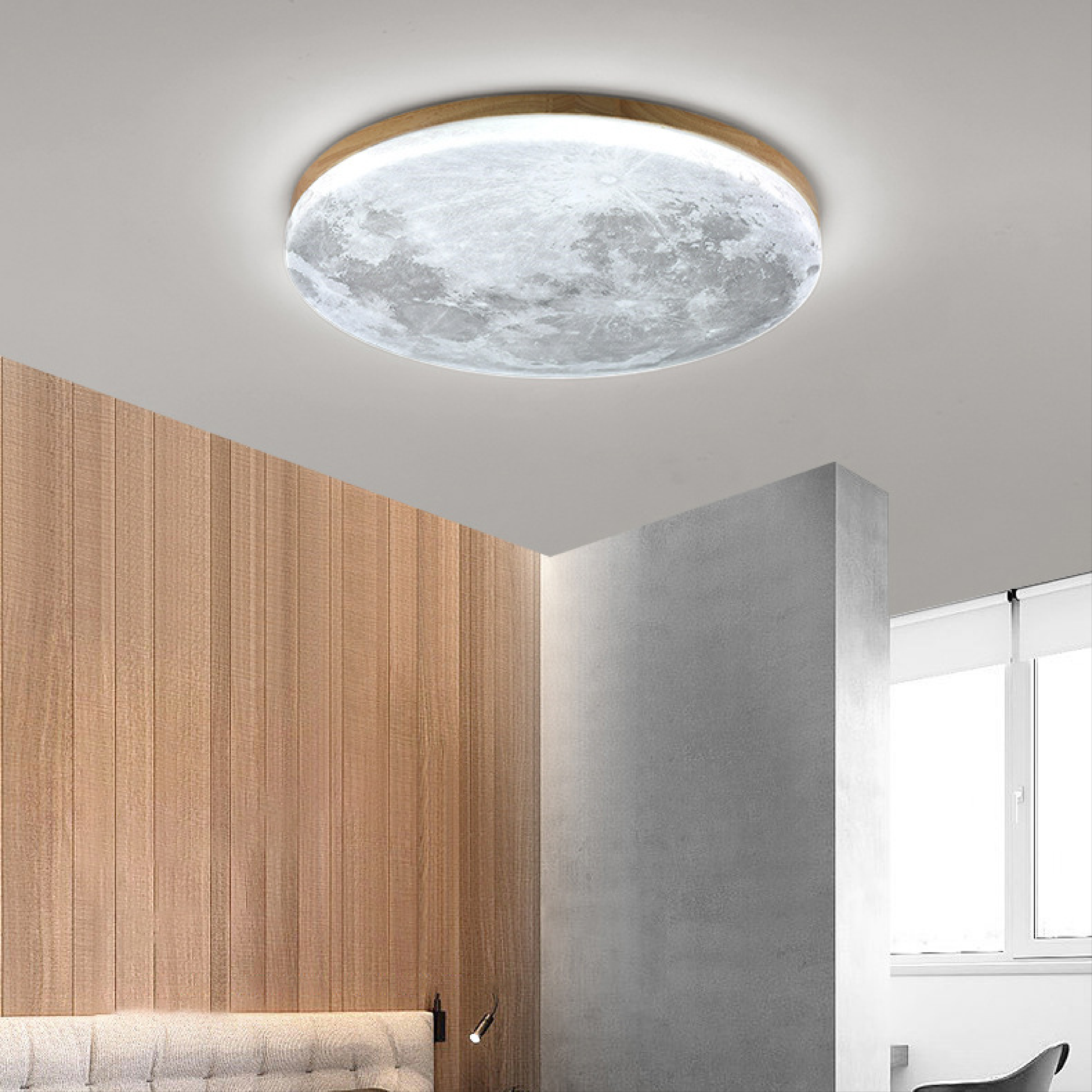 Moon Ceiling Light Scandinavian with Lunar Surface Design and Wood Frame