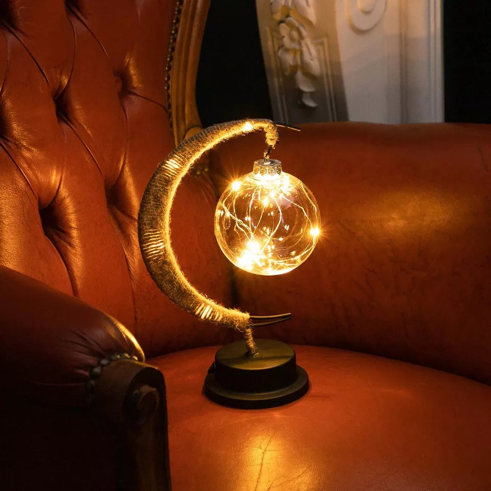 Moon Table Lamp Bohemian with Glass Globe and LED Fairy Lights