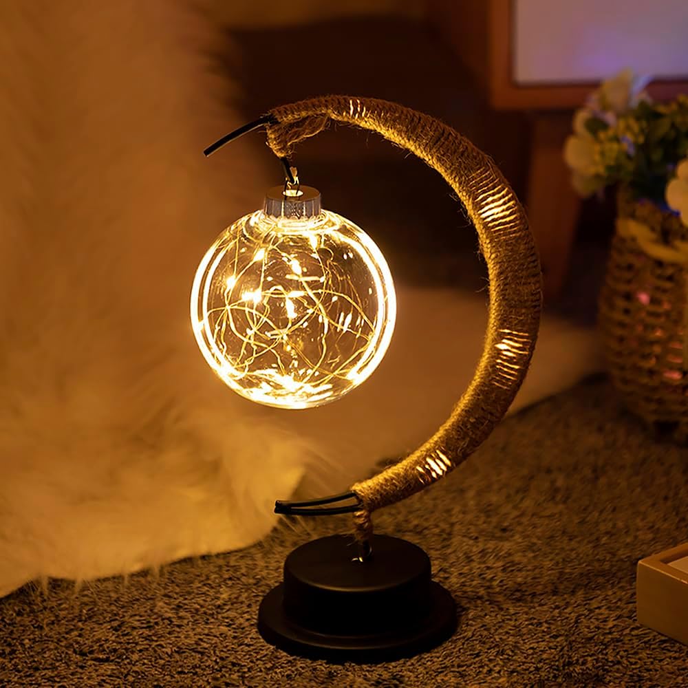 Moon Table Lamp Bohemian with Glass Globe and LED Fairy Lights