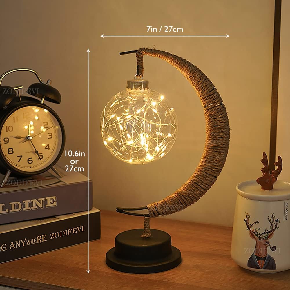 Moon Table Lamp Bohemian with Glass Globe and LED Fairy Lights