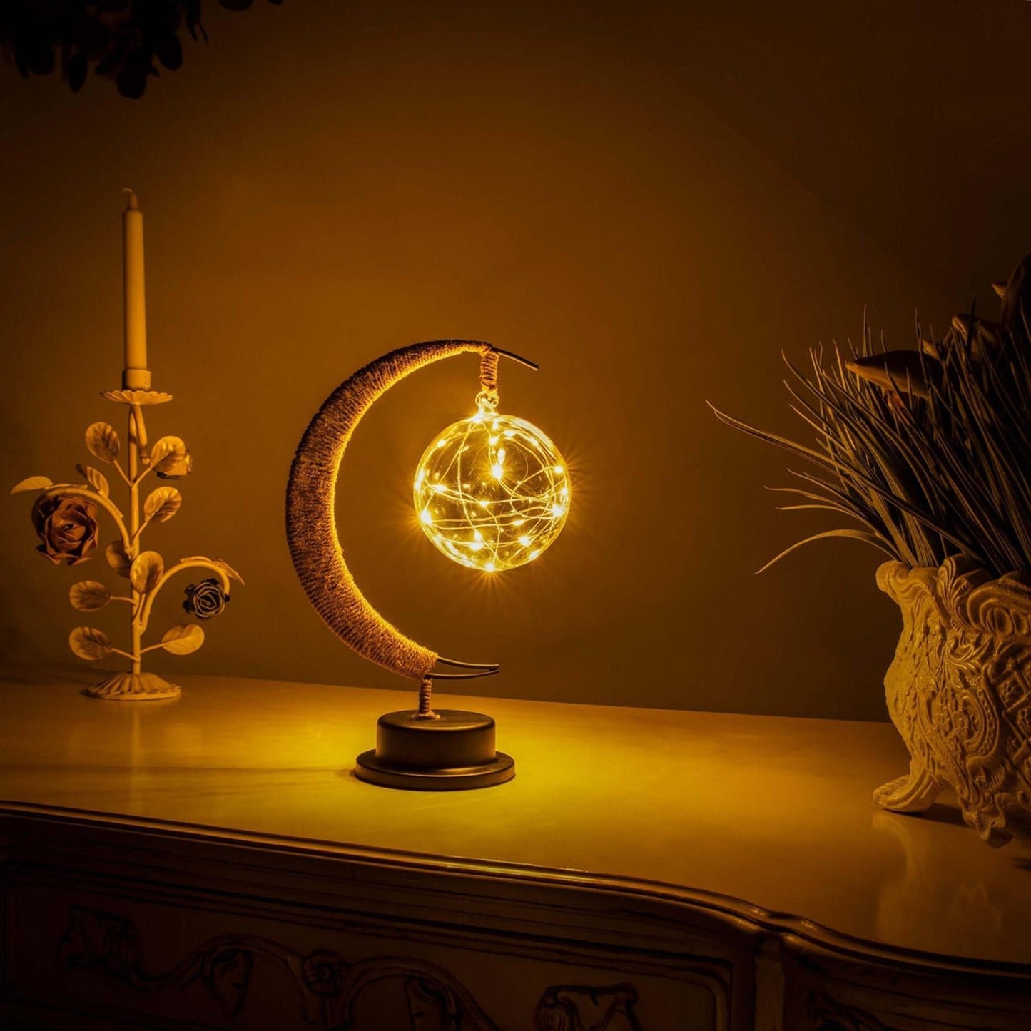 Moon Table Lamp Bohemian with Glass Globe and LED Fairy Lights
