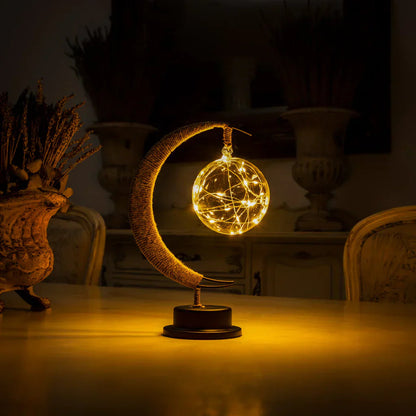 Moon Table Lamp Bohemian with Glass Globe and LED Fairy Lights