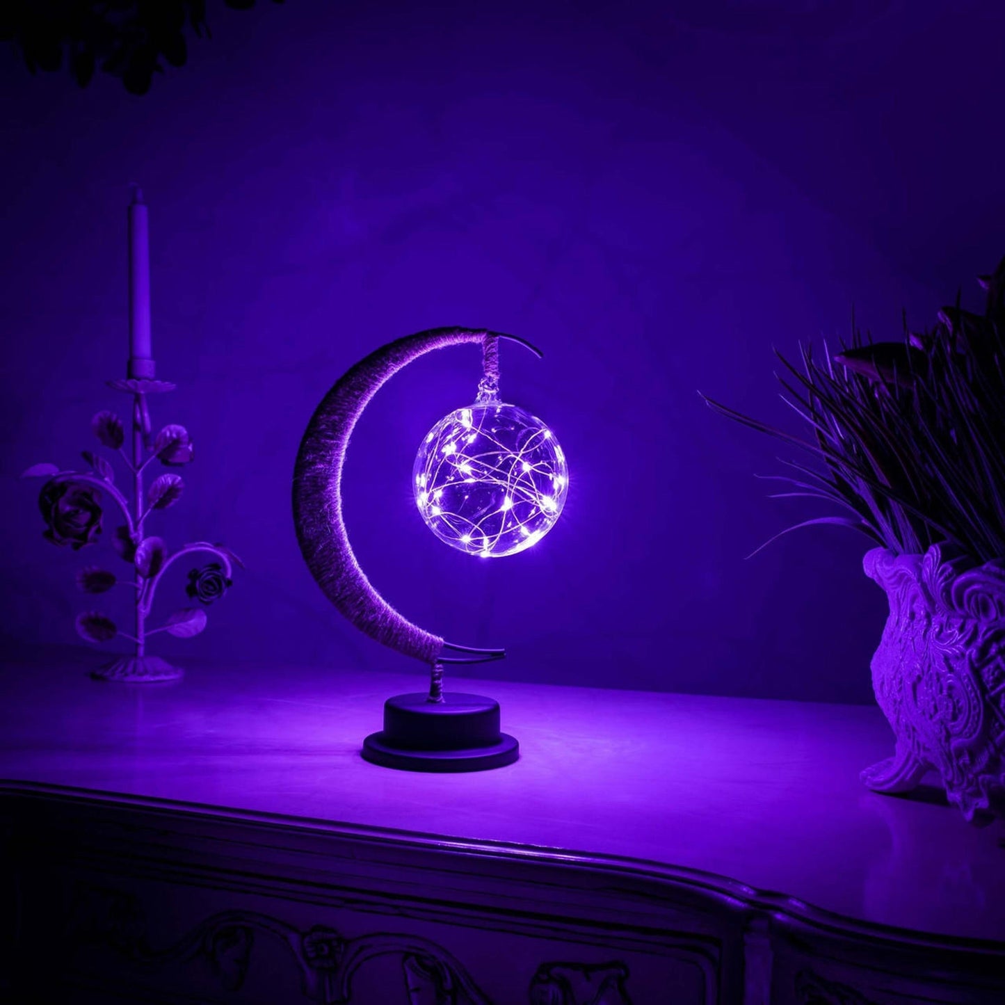 Moon Table Lamp Bohemian with Glass Globe and LED Fairy Lights