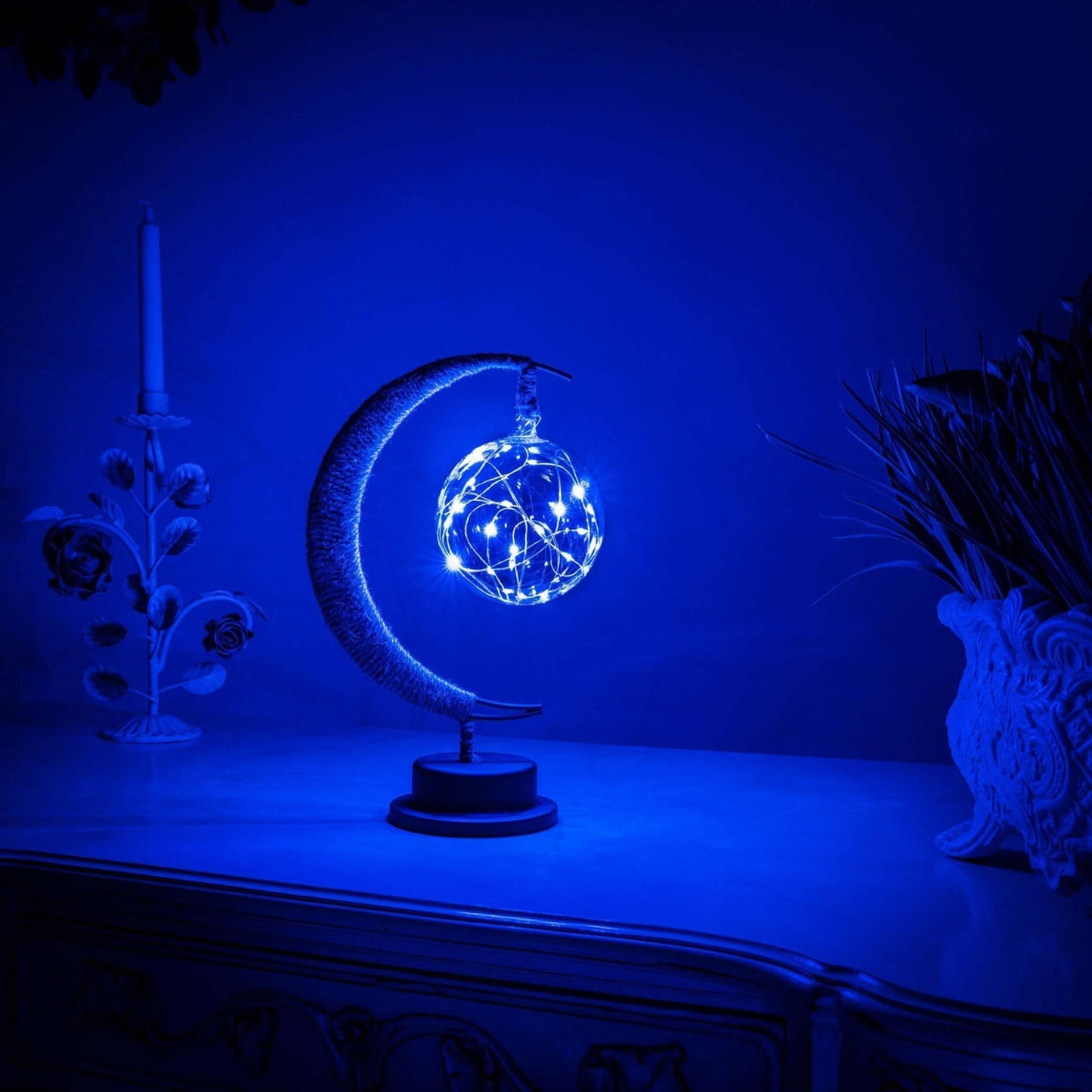 Moon Table Lamp Bohemian with Glass Globe and LED Fairy Lights