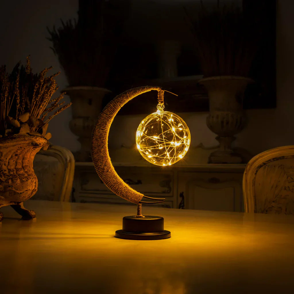 Moon Table Lamp Bohemian with Glass Globe and LED Fairy Lights