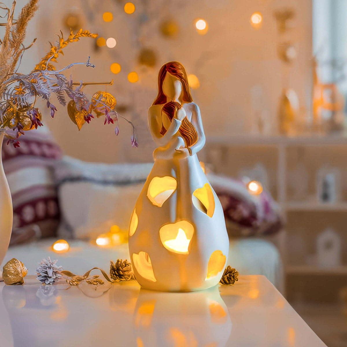 Mother and Daughter Figurine Tealight Holder with Cut-Outs