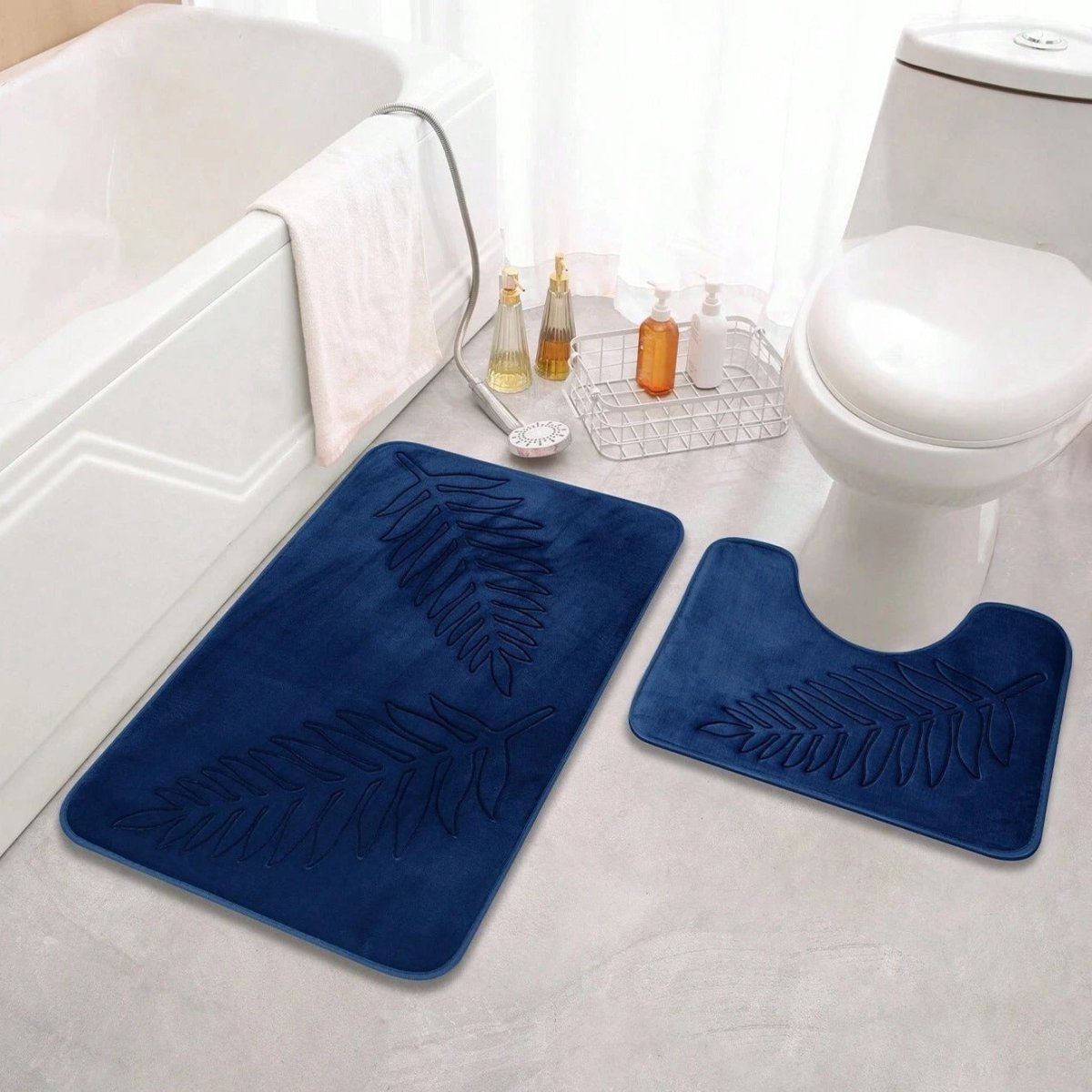 Non-Slip Bath Mat Set with U-Shaped Mat and Embossed Leaf Pattern